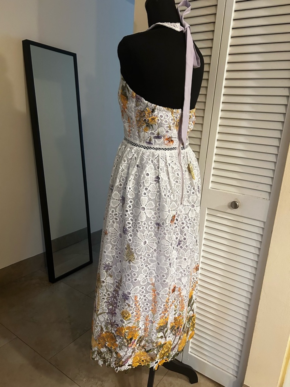 White Lace Floral Halter Midi Dress with Yellow & Purple Flowers - Picture 4 of 4